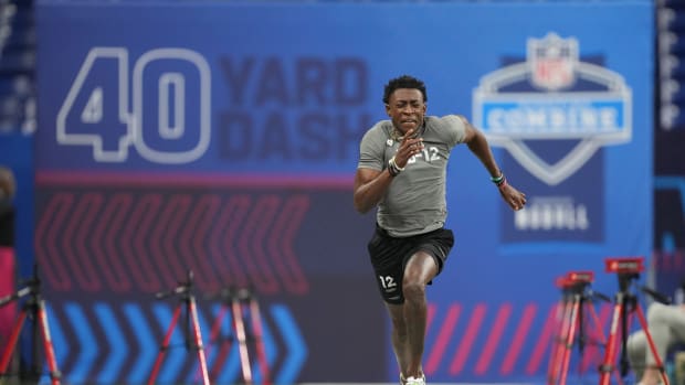 Mar 3, 2023; Indianapolis, IN, USA; Mississippi State defensive back Emmanuel Forbes (DB12) participates in drills at Lucas Oil Stadium. Mandatory Credit: Kirby Lee-USA TODAY Sports